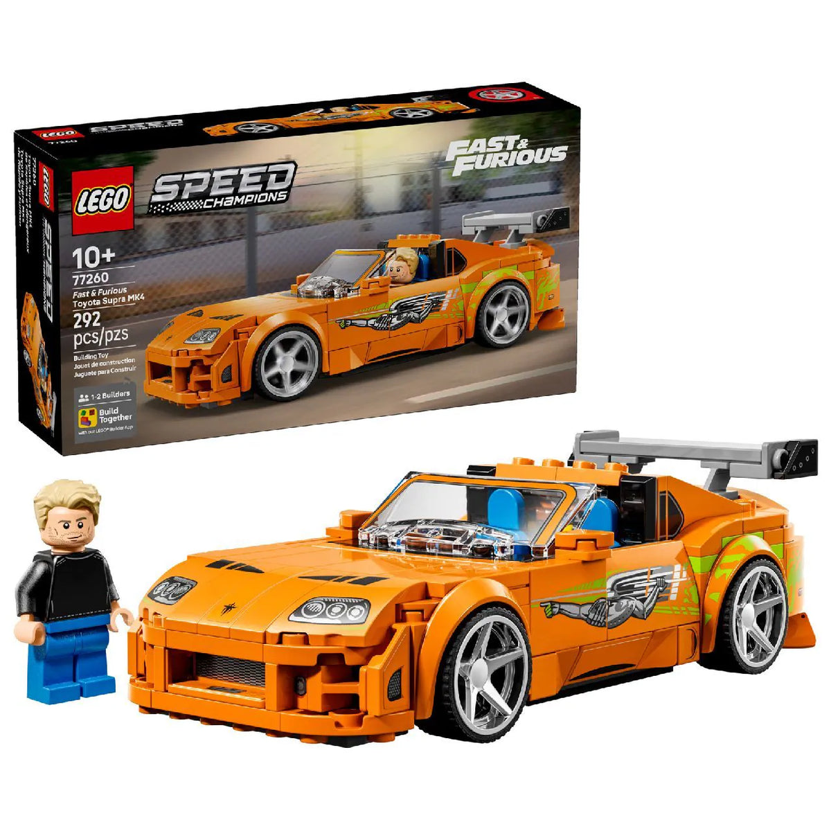 LEGO Speed Champions The Fast and The Furious Toyota Supra MK4 77260 building kit with 300 pieces, Brian O'Conner minifigure, and iconic orange livery