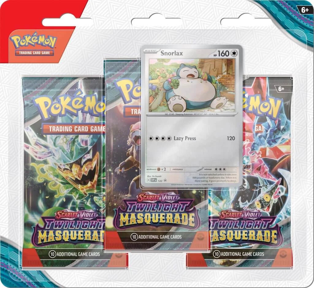 Pokemon Scarlet & Violet - Twilight Masquerade 3 Booster Packs (Revavroom & Snorlax- Assorted Promo's, Items Sold Randomly)