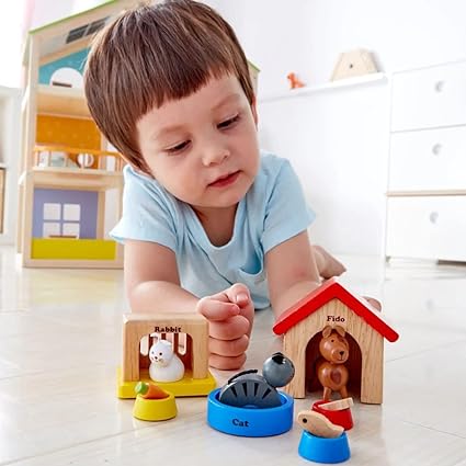 Family Pets Wooden Dollhouse Animal Set by Hape | Complete Your Wooden Dolls House with Happy Dog, Cat, Bunny Pet Set with Complimentary Houses and Food Bowls