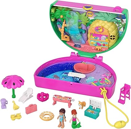 Polly Pocket Compact Playset, Scented Watermelon Pool Party with 2 Micro Dolls & Accessories, Travel Toys