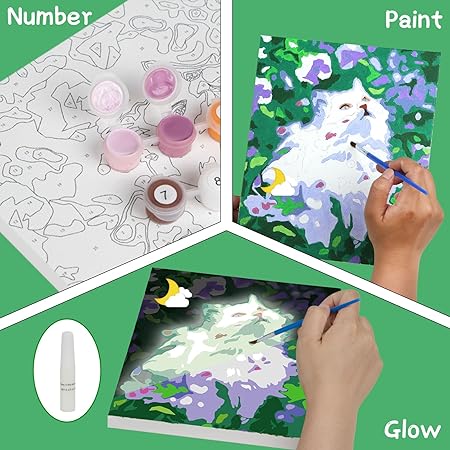 Paint-by-Numbers for Kids Ages 8-12 - Acrylic Paint Set, Paint by Numbers, Glow in The Dark, DIY Craft, Include 3 Canvas Framed with 30 Pots, 5 Brushes, Horse Paint by Number, Wooden Crafts to Paint