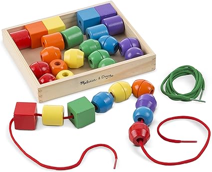 Melissa & Doug Primary Lacing Beads - Educational Toy With 30 Wooden Beads and 2 Laces - Beads For Toddlers, Fine Motor Skills Lacing Toys For Toddlers And Kids Ages 3+, 8inx8inx2in, Multi