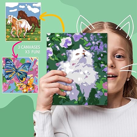 Paint-by-Numbers for Kids Ages 8-12 - Acrylic Paint Set, Paint by Numbers, Glow in The Dark, DIY Craft, Include 3 Canvas Framed with 30 Pots, 5 Brushes, Horse Paint by Number, Wooden Crafts to Paint