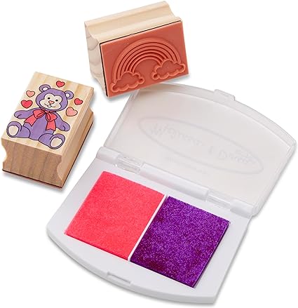 Melissa & Doug Wooden Stamp Set: Friendship - 9 Stamps, 5 Colored Pencils, and 2-Color Pad Kids Art Projects, Stamps With Washable Ink, Hearts Rainbows For Ages 4+