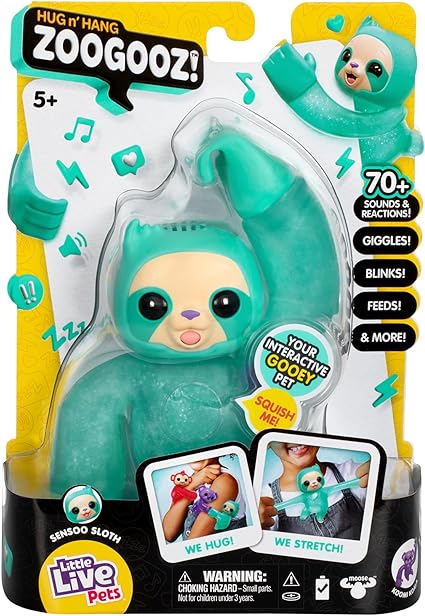 Little Live Pets Hug n' Hang Zoogooz - Sensoo Sloth. an Interactive Electronic Squishy Stretchy Toy Pet with 70+ Sounds & Reactions. Stretch, Squish and Link Their Hands