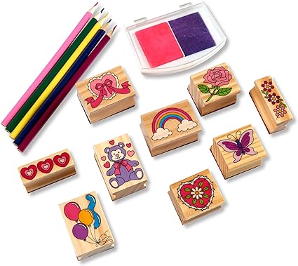 Melissa & Doug Wooden Stamp Set: Friendship - 9 Stamps, 5 Colored Pencils, and 2-Color Pad Kids Art Projects, Stamps With Washable Ink, Hearts Rainbows For Ages 4+