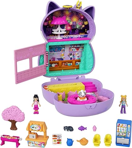 Polly Pocket Compact Playset, Sushi Shop Cat with 2 Micro Dolls & Accessories, Travel Toys with Surprise Reveals