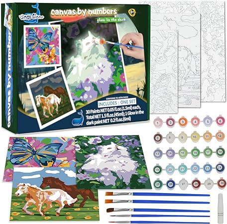 Paint-by-Numbers for Kids Ages 8-12 - Acrylic Paint Set, Paint by Numbers, Glow in The Dark, DIY Craft, Include 3 Canvas Framed with 30 Pots, 5 Brushes, Horse Paint by Number, Wooden Crafts to Paint