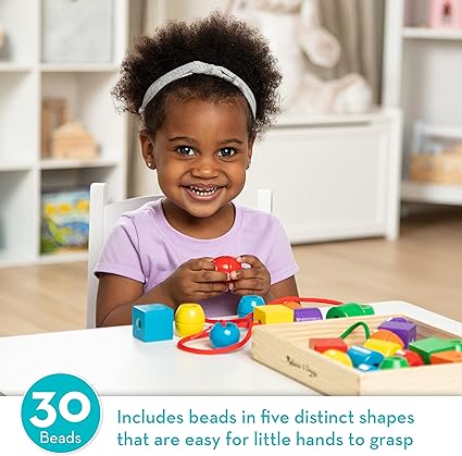 Melissa & Doug Primary Lacing Beads - Educational Toy With 30 Wooden Beads and 2 Laces - Beads For Toddlers, Fine Motor Skills Lacing Toys For Toddlers And Kids Ages 3+, 8inx8inx2in, Multi