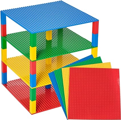 Strictly Briks Toy Building Block - Classic Stackable Baseplates 10x10 Inch Brik Tower for Baby, 4 Baseplates & 30 Stackers - Blue, Green, Red & Yellow, 34 Pc