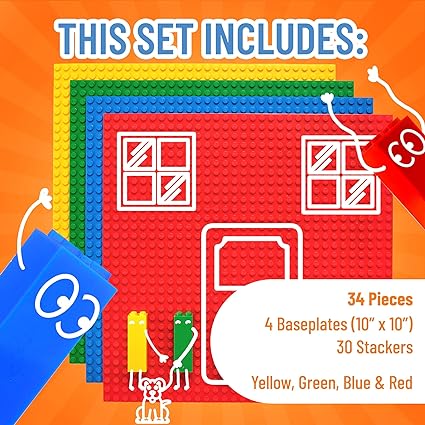Strictly Briks Toy Building Block - Classic Stackable Baseplates 10x10 Inch Brik Tower for Baby, 4 Baseplates & 30 Stackers - Blue, Green, Red & Yellow, 34 Pc