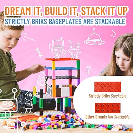 Strictly Briks Toy Building Block - Classic Stackable Baseplates 10x10 Inch Brik Tower for Baby, 4 Baseplates & 30 Stackers - Blue, Green, Red & Yellow, 34 Pc