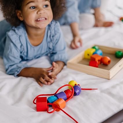 Melissa & Doug Primary Lacing Beads - Educational Toy With 30 Wooden Beads and 2 Laces - Beads For Toddlers, Fine Motor Skills Lacing Toys For Toddlers And Kids Ages 3+, 8inx8inx2in, Multi