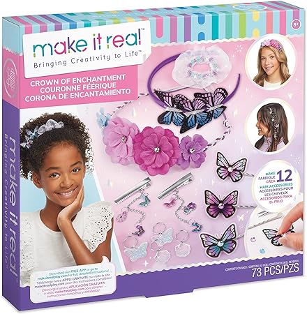 Make It Real: Crown of Enchantment - DIY Jewelry Kit, Create Up to 12 Eye-Catching Charm Hair Accessories, Butterflies, 73 Pieces, All-in- 1 DIY KIT, Tweens & Girls, Arts & Crafts, Kids Ages 8+