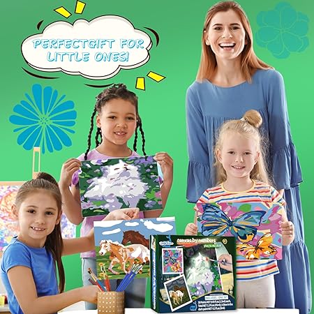 Paint-by-Numbers for Kids Ages 8-12 - Acrylic Paint Set, Paint by Numbers, Glow in The Dark, DIY Craft, Include 3 Canvas Framed with 30 Pots, 5 Brushes, Horse Paint by Number, Wooden Crafts to Paint