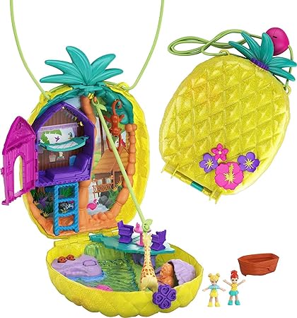 Polly Pocket Dolls & Accessories, 2-In-1 Travel Toy, Pineapple Purse Playset with Micro Polly and Lila Dolls (Amazon Exclusive)
