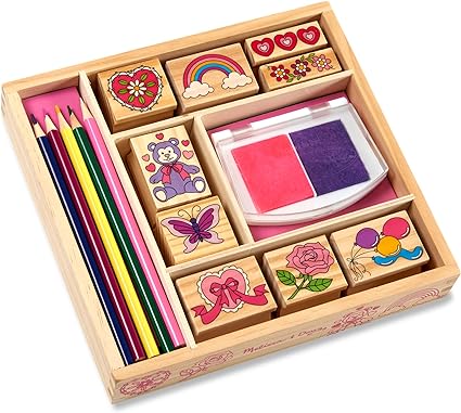 Melissa & Doug Wooden Stamp Set: Friendship - 9 Stamps, 5 Colored Pencils, and 2-Color Pad Kids Art Projects, Stamps With Washable Ink, Hearts Rainbows For Ages 4+