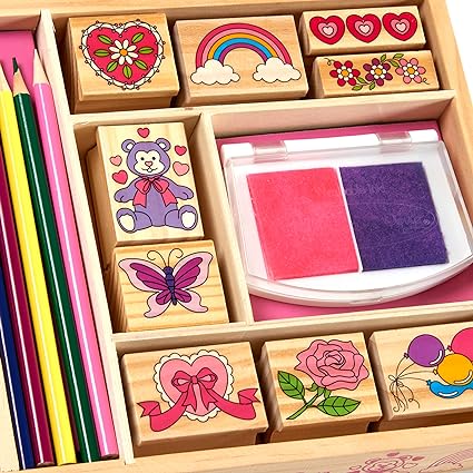 Melissa & Doug Wooden Stamp Set: Friendship - 9 Stamps, 5 Colored Pencils, and 2-Color Pad Kids Art Projects, Stamps With Washable Ink, Hearts Rainbows For Ages 4+