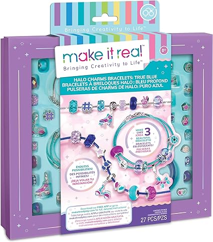 Make It Real - Halo Charms Bracelets True Blue - DIY Charm Bracelet Making Kit - Friendship Bracelet Kit with Beads, Charms & Cord - Arts & Crafts Bead Kit for Girls - Makes 3 Bracelets