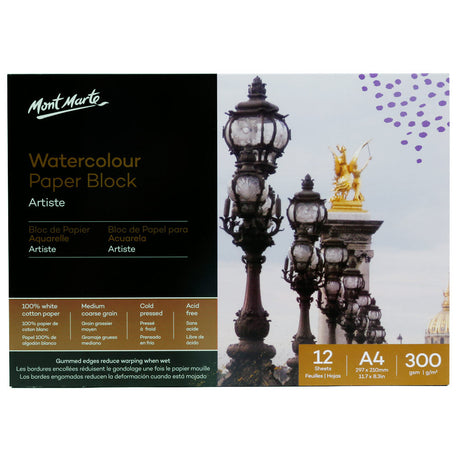 Mont Marte Watercolour Paper Block Artiste 300Gsm A4 (11.7 X 8.3In) 12 Sheets