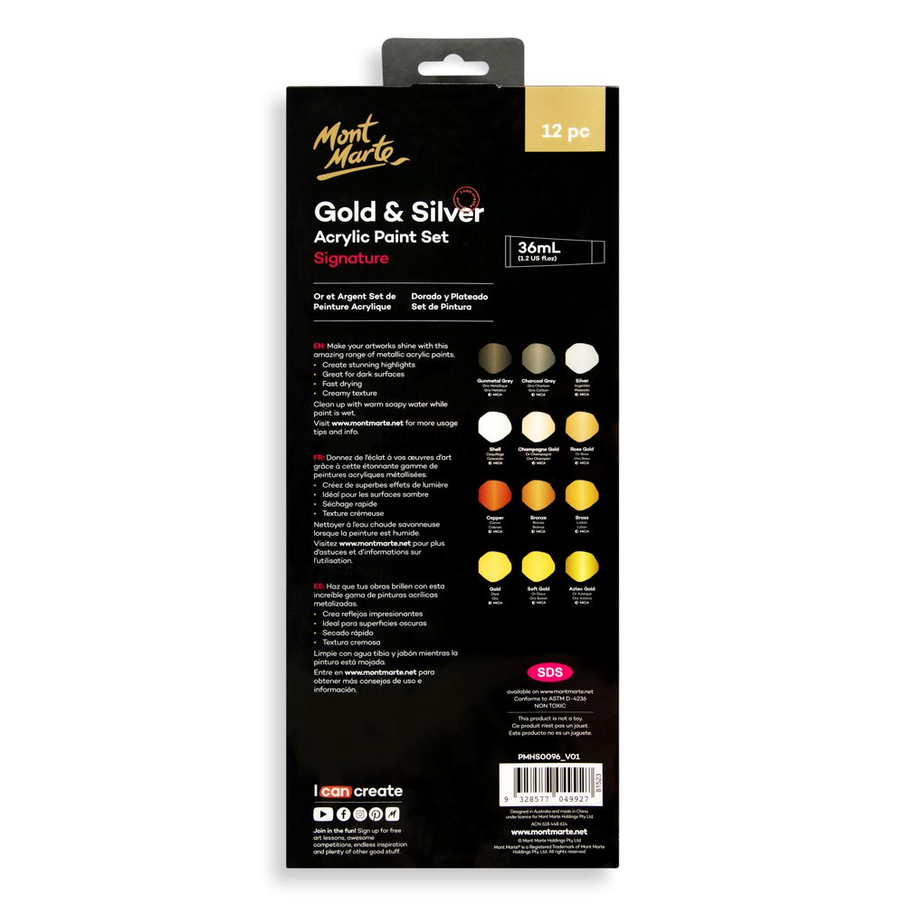 Mont Marte Gold And Silver Acrylic Paint Set Signature 12Pc X 36Ml 1 2 Us Fl Oz
