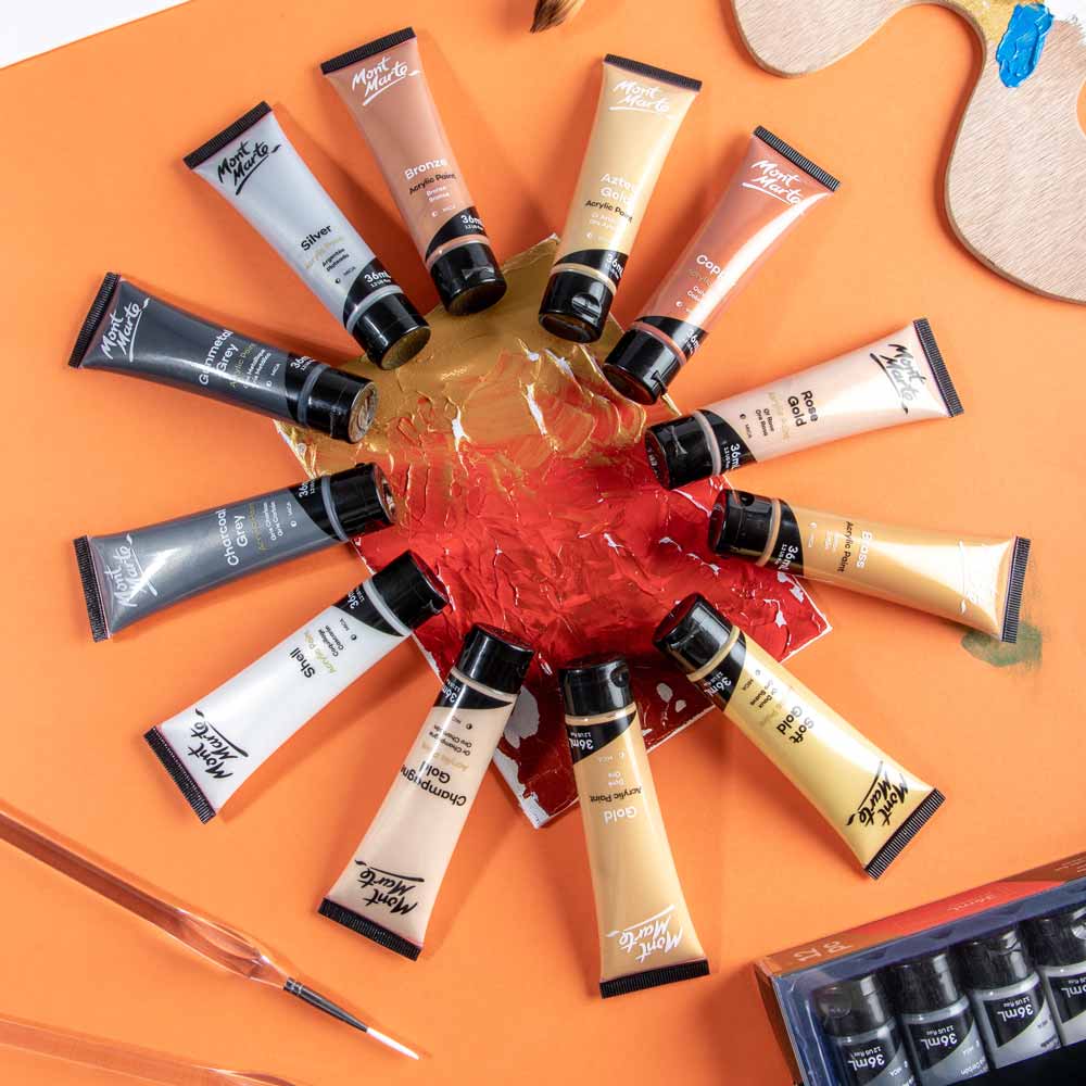 Mont Marte Gold And Silver Acrylic Paint Set Signature 12Pc X 36Ml 1 2 Us Fl Oz