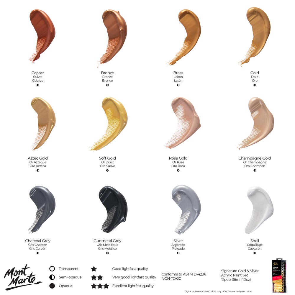 Mont Marte Gold And Silver Acrylic Paint Set Signature 12Pc X 36Ml 1 2 Us Fl Oz