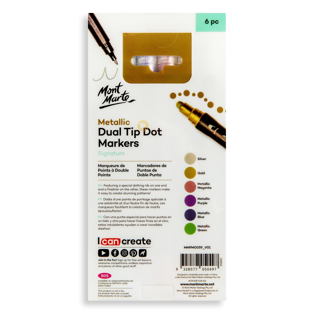 Mont Marte Metallic Dual Tip Dot Markers Signature 6Pc