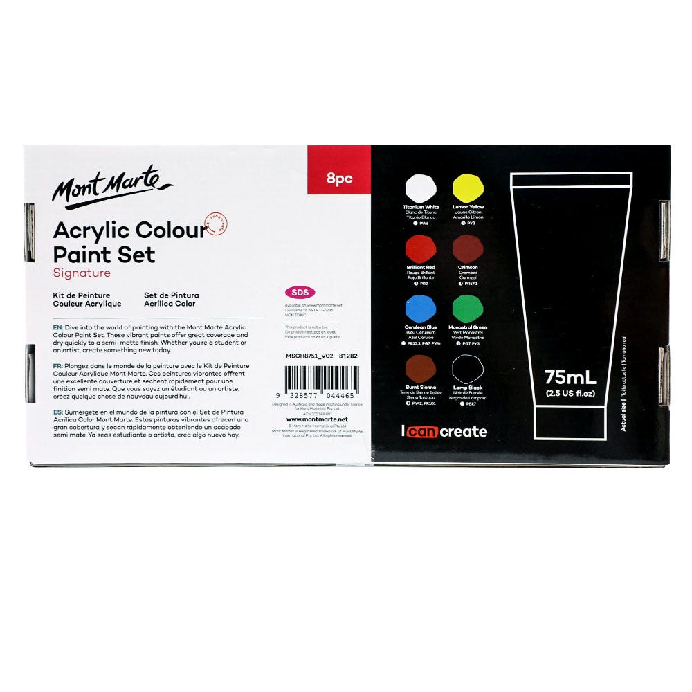 Mont Marte Acrylic Colour Paint Set Signature 8Pc X 75Ml 2 54Oz