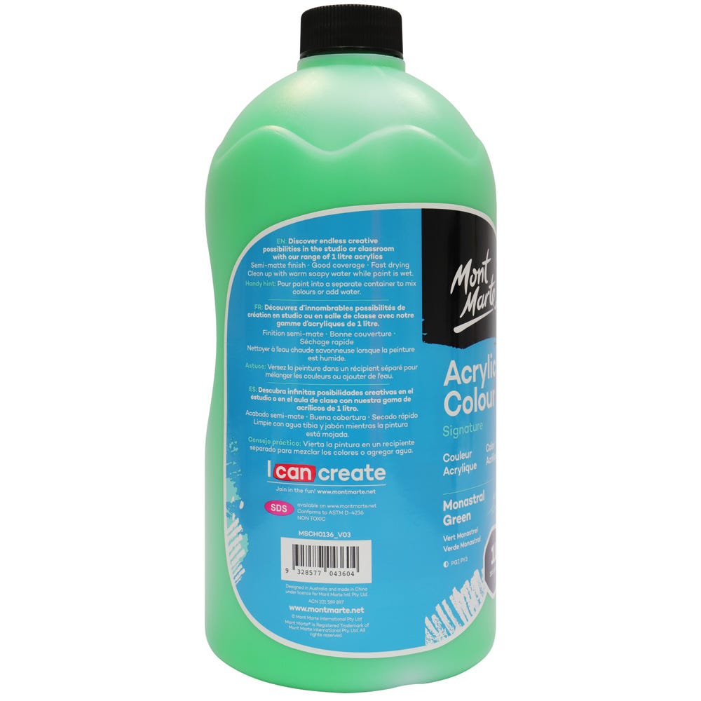 Mont Marte Acrylic Colour Signature 1L 33 8 Us Fl Oz Bottle Monastral Green