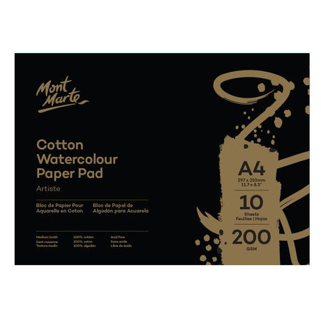 Mont Marte Cotton Watercolour Paper Artiste 200Gsm A4 (11.7 X 8.3In) 10 Sheets