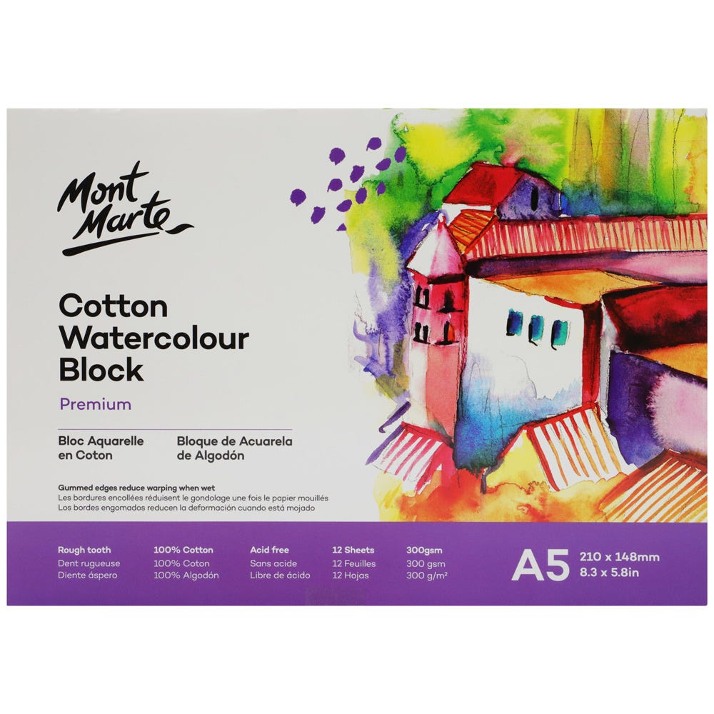 Mont Marte Cotton Watercolour Paper Block Premium 300Gsm A5 (8.3 X 5.8In) 12 Sheet