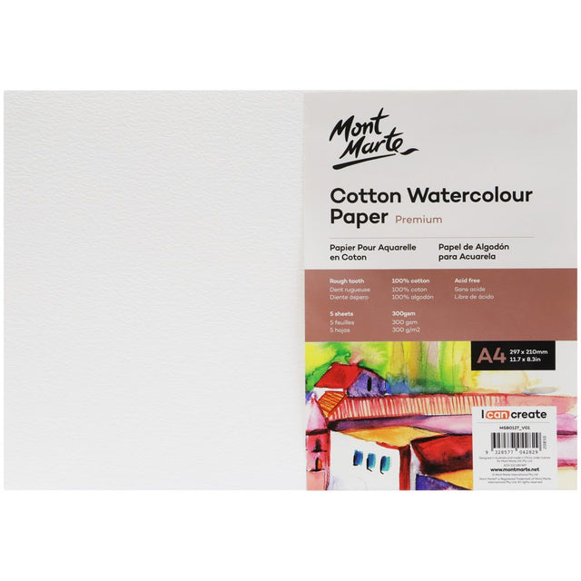 Mont Marte Cotton Watercolour Paper Premium 300Gsm A4 5 Sheets