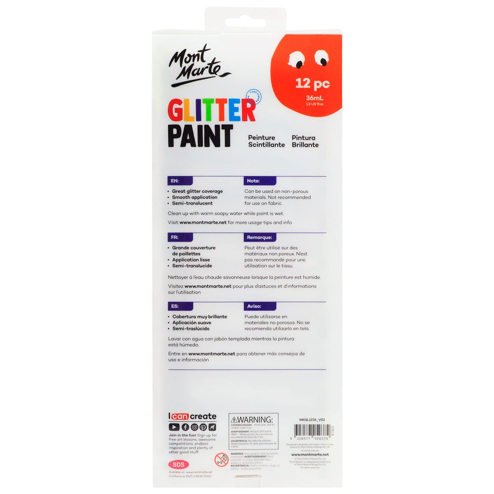 Mont Marte Glitter Paint 12Pc X 36Ml 1 2 Us Fl Oz