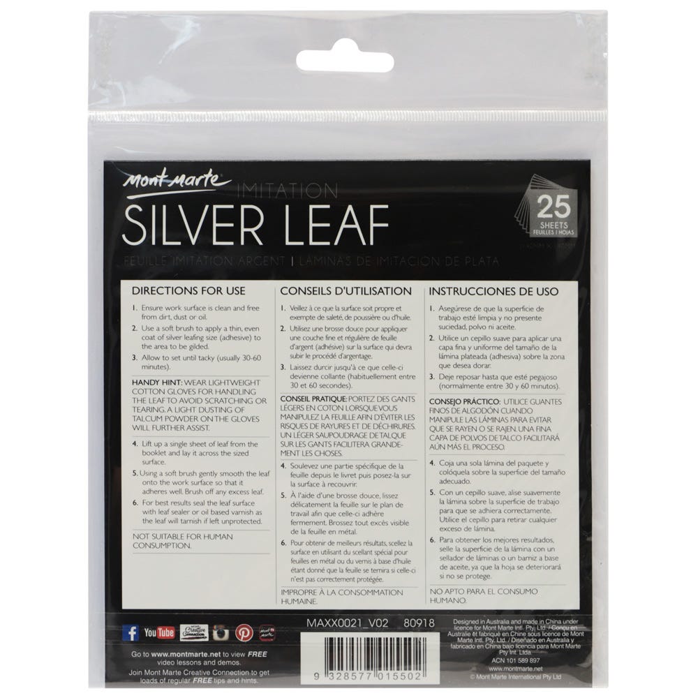 Mont Marte Imitation Silver Leaf 14X14Cm 25 Sheet