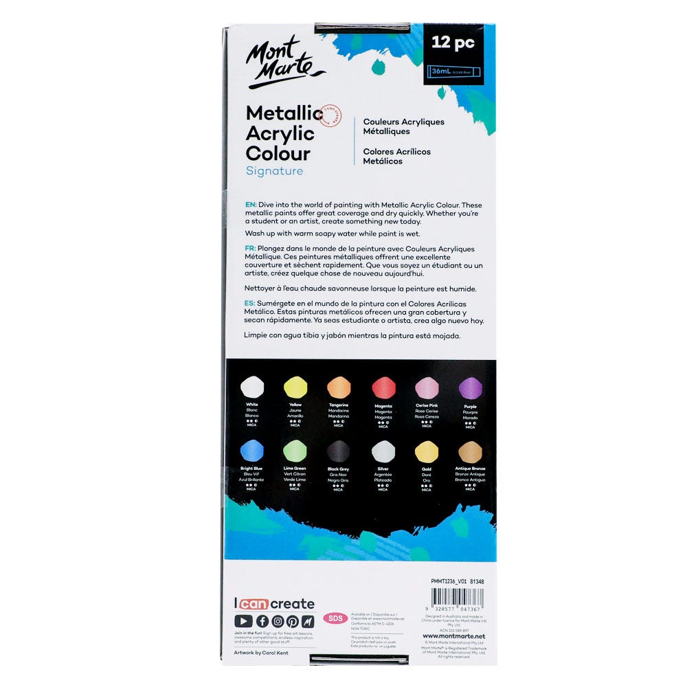 Mont Marte Metallic Acrylic Colour Paint Set Signature 12Pc X 36Ml 1 2 Us Fl Oz