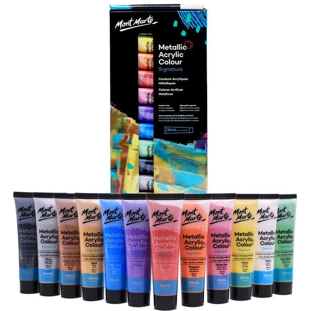 Mont Marte Metallic Acrylic Colour Paint Set Signature 12Pc X 36Ml (1.2 Us Fl.Oz)