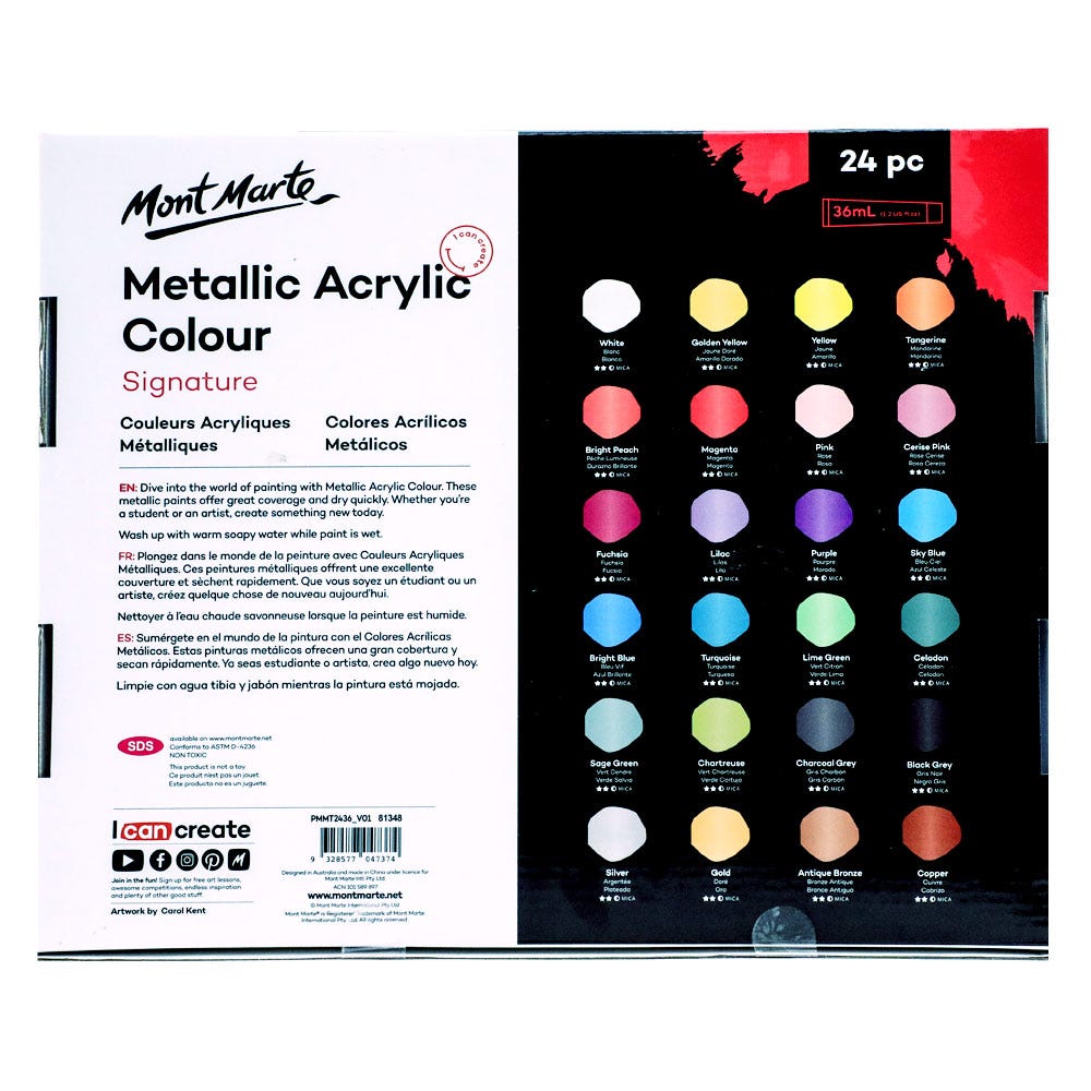 Mont Marte Metallic Acrylic Colour Paint Set Signature 24Pc X 36Ml 1 2 Us Fl Oz