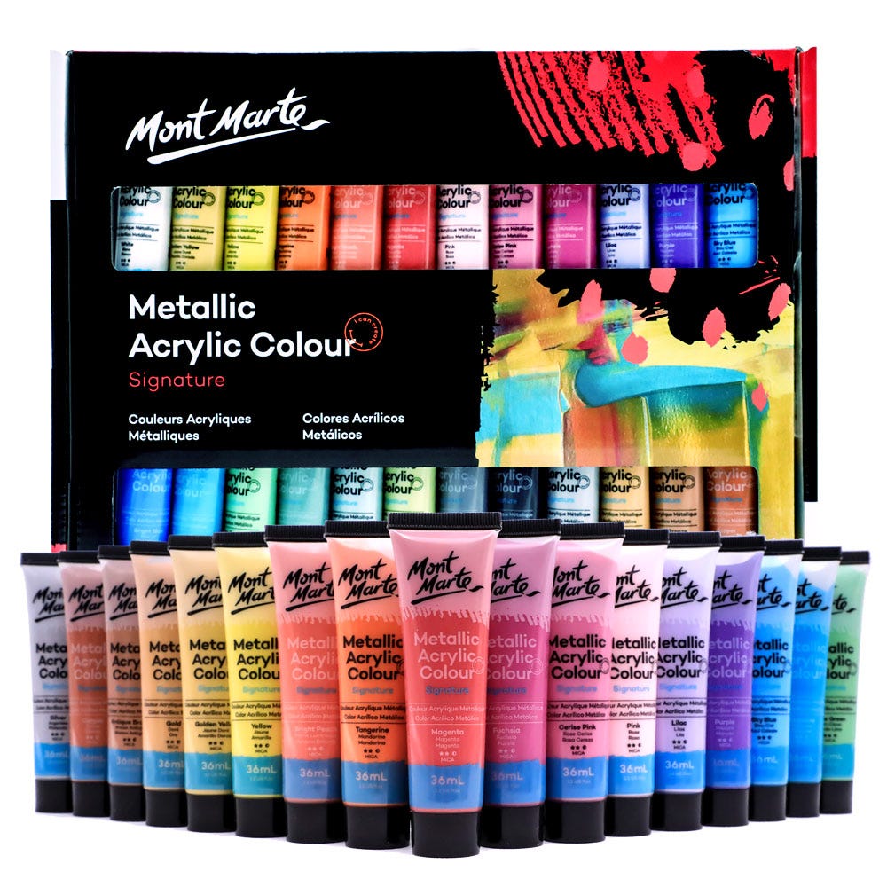 Mont Marte Metallic Acrylic Colour Paint Set Signature 24Pc X 36Ml (1.2 Us Fl.Oz)