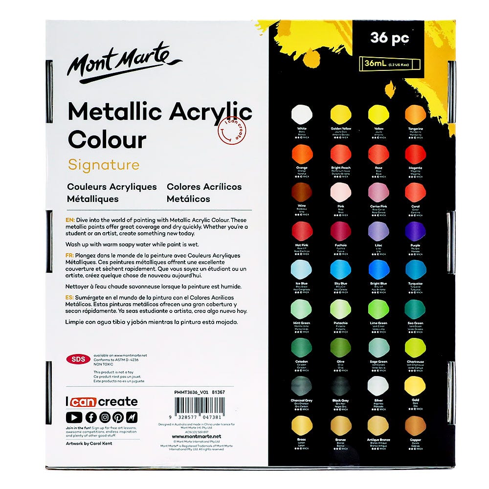 Mont Marte Metallic Acrylic Colour Paint Set Signature 36Pc X 36Ml 1 2 Us Fl Oz