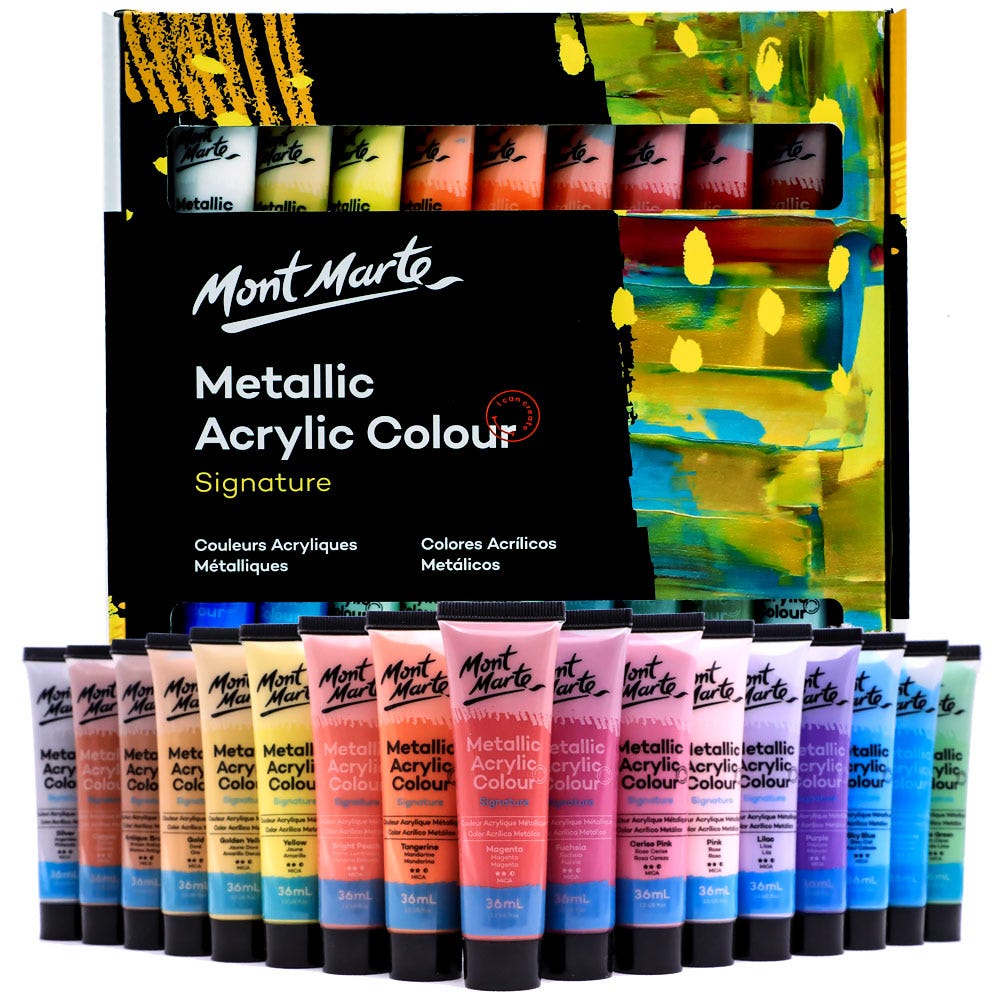 Mont Marte Metallic Acrylic Colour Paint Set Signature 36Pc X 36Ml (1.2 Us Fl.Oz)