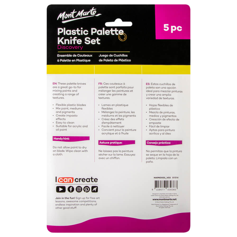 Mont Marte Plastic Palette Knife Set Discovery 5Pc