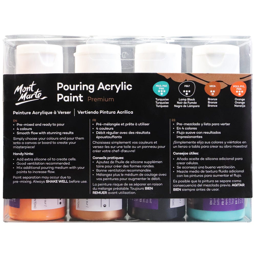 Mont Marte Pouring Acrylic Paint Set Premium 4Pc X 60Ml 2 Us Fl Oz Symphony