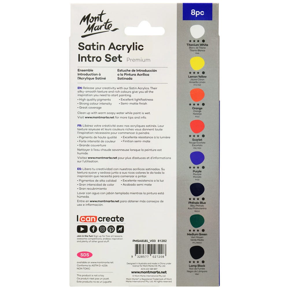 Mont Marte Satin Acrylic Intro Set Premium 8Pc X 18Ml 0 6 Us Fl Oz