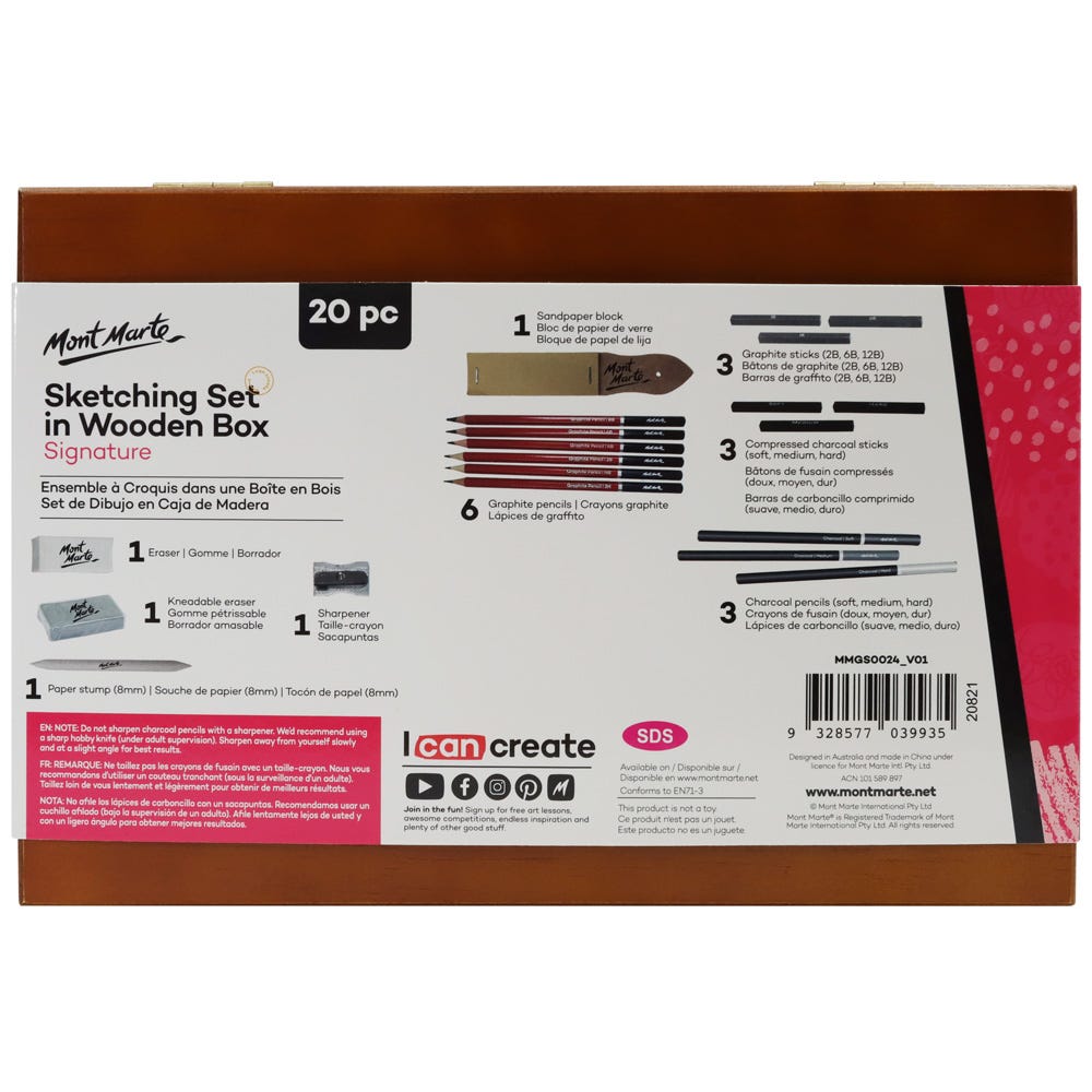 Mont Marte Sketching Set In Wooden Box Signature 21Pc