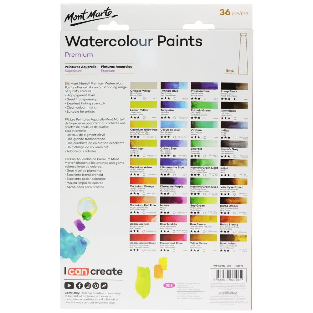 Mont Marte Watercolour Paints Premium 36Pc X 8Ml 0 3 Us Fl Oz