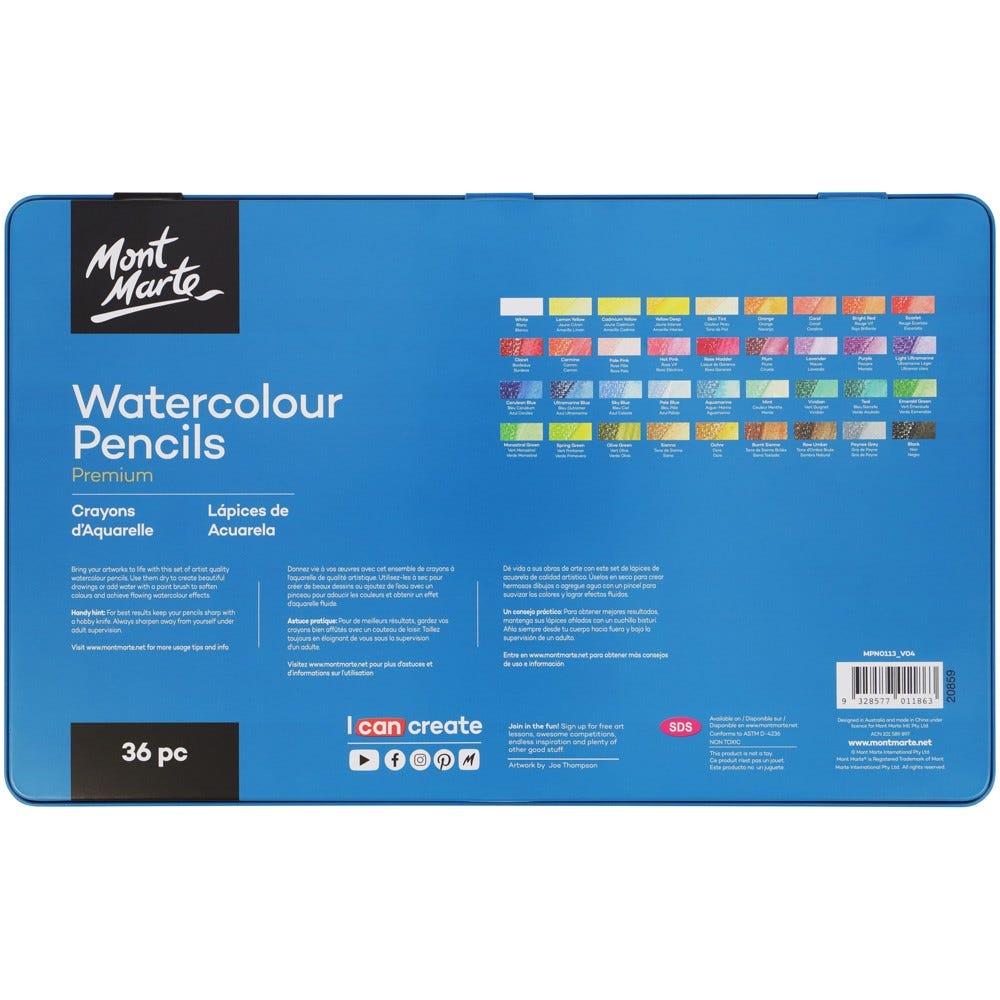 Mont Marte Watercolour Pencils In Tin Premium 36Pc
