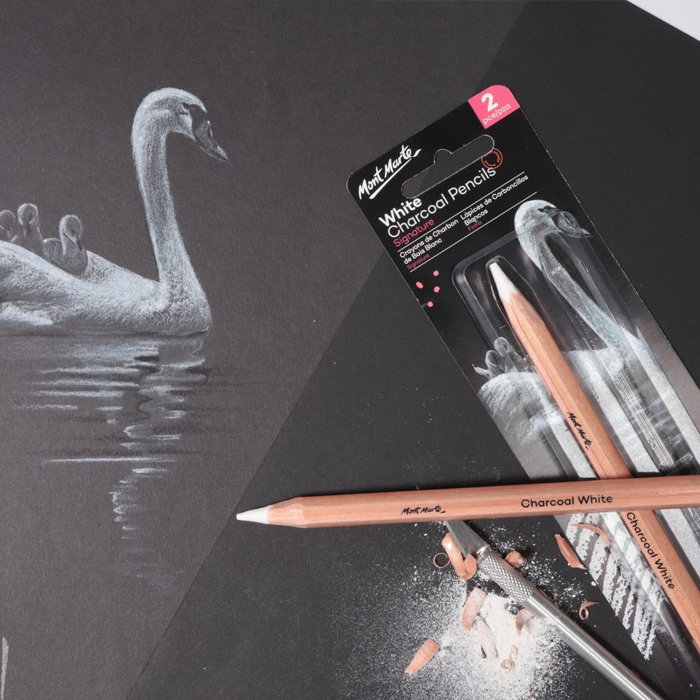 Mont Marte White Charcoal Pencils Lge Hex Signature 2Pc