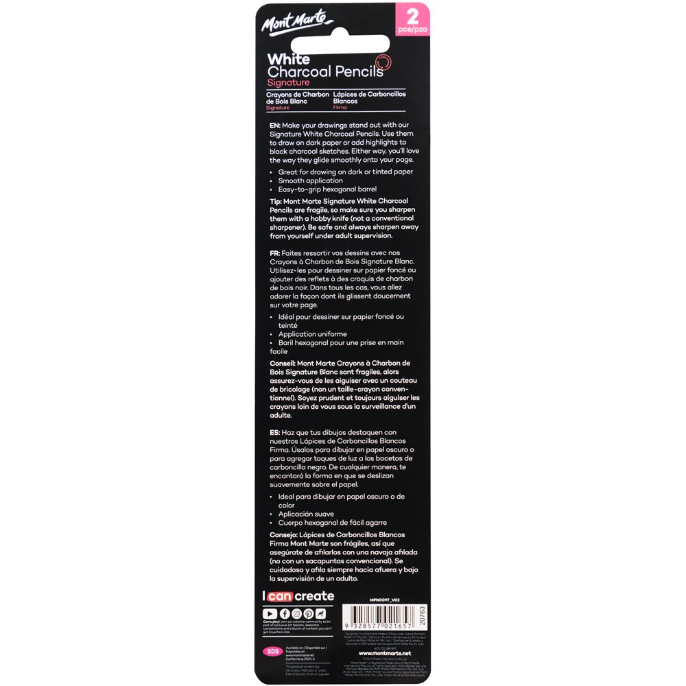 Mont Marte White Charcoal Pencils Lge Hex Signature 2Pc