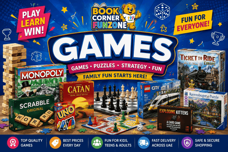 Games collection featuring board games, card games, Monopoly, Scrabble, UNO, Jenga, chess sets, puzzles, strategy games and family games at Funzone UAE